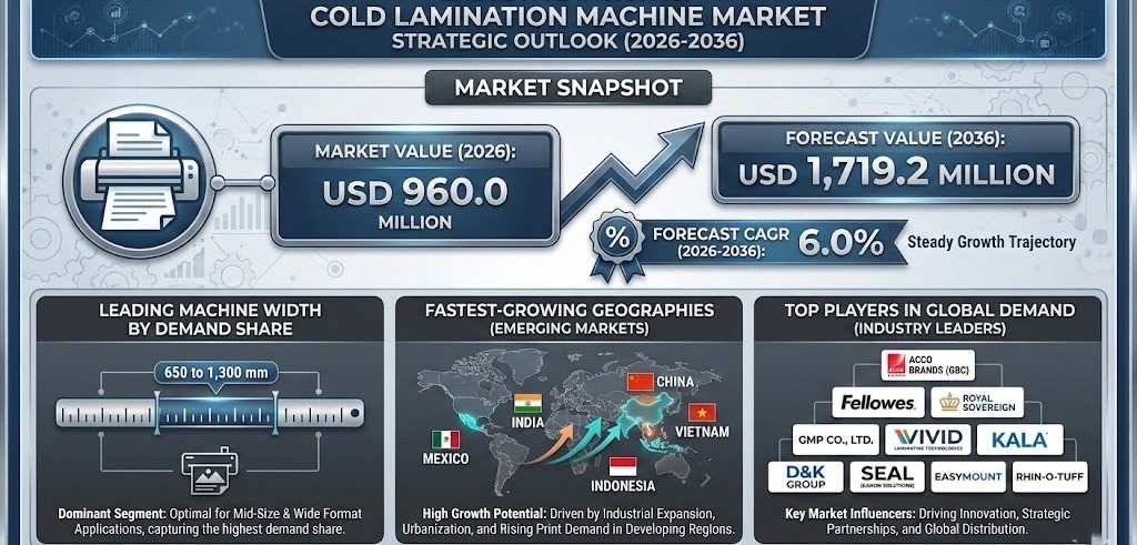 Cold Lamination Machine Market to Reach USD 1,719.2M by 2036 with 6% CAGR, Driven by Heat-Sensitive Print Finishing