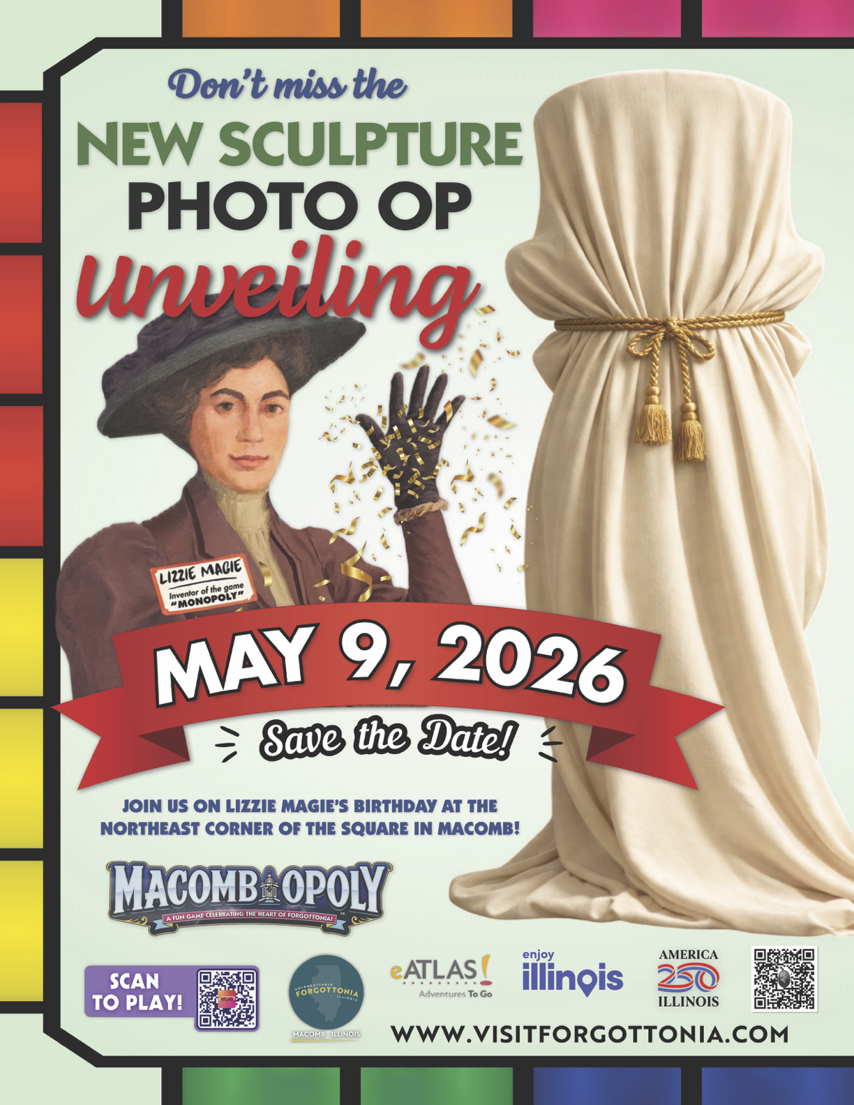 MACOMB MARKS MONOPOLY INVENTOR’S BIRTHDAY WITH NEW SCULPTURE AND SEASONAL OPENING OF MACOMBOPOLY